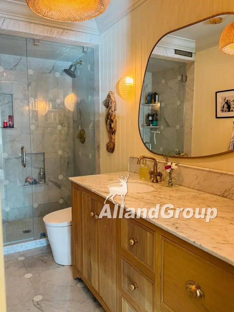 Custom fluted white oak cabinets and American flush inset master bathroom vanity