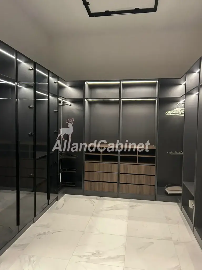 Custom modern walk-in closet with black aluminum frame glass doors and LED lighting