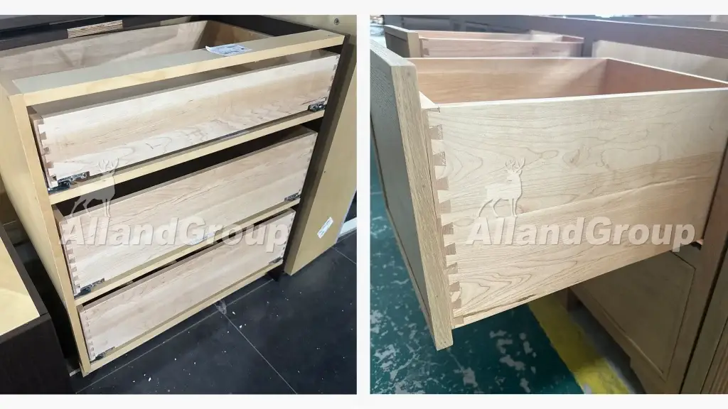 Solid maple and hardwood dovetail drawer boxes with undermount soft-close slide pre-fittings by ALLAND Cabinet