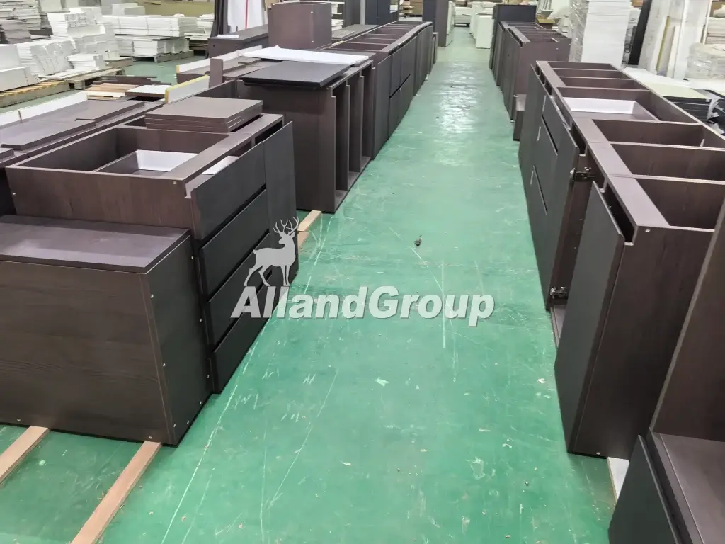 Factory production line pre-assembly and full dry-fit inspection for wood veneer kitchen cabinets