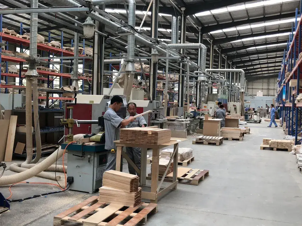 ALLAND veteran cabinetmakers and millwork technicians inspecting wood joinery tolerances on the factory floor