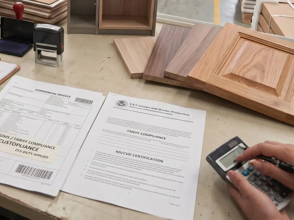 Auditing US customs tariff compliance and HTS code documentation next to wood cabinet door samples for kitchen cabinets imported from China