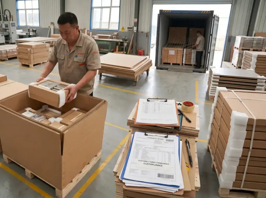 A worker packing custom flat-pack kitchen cabinets with protective foam next to a Commercial Invoice marked with Customs and Tariff Compliance