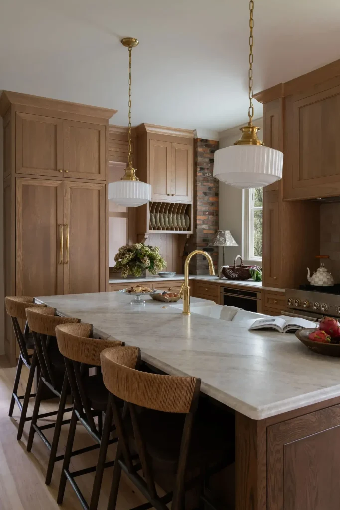 Kitchen designs with oak cabinets featuring natural plain sawn white oak island and fireclay apron sink